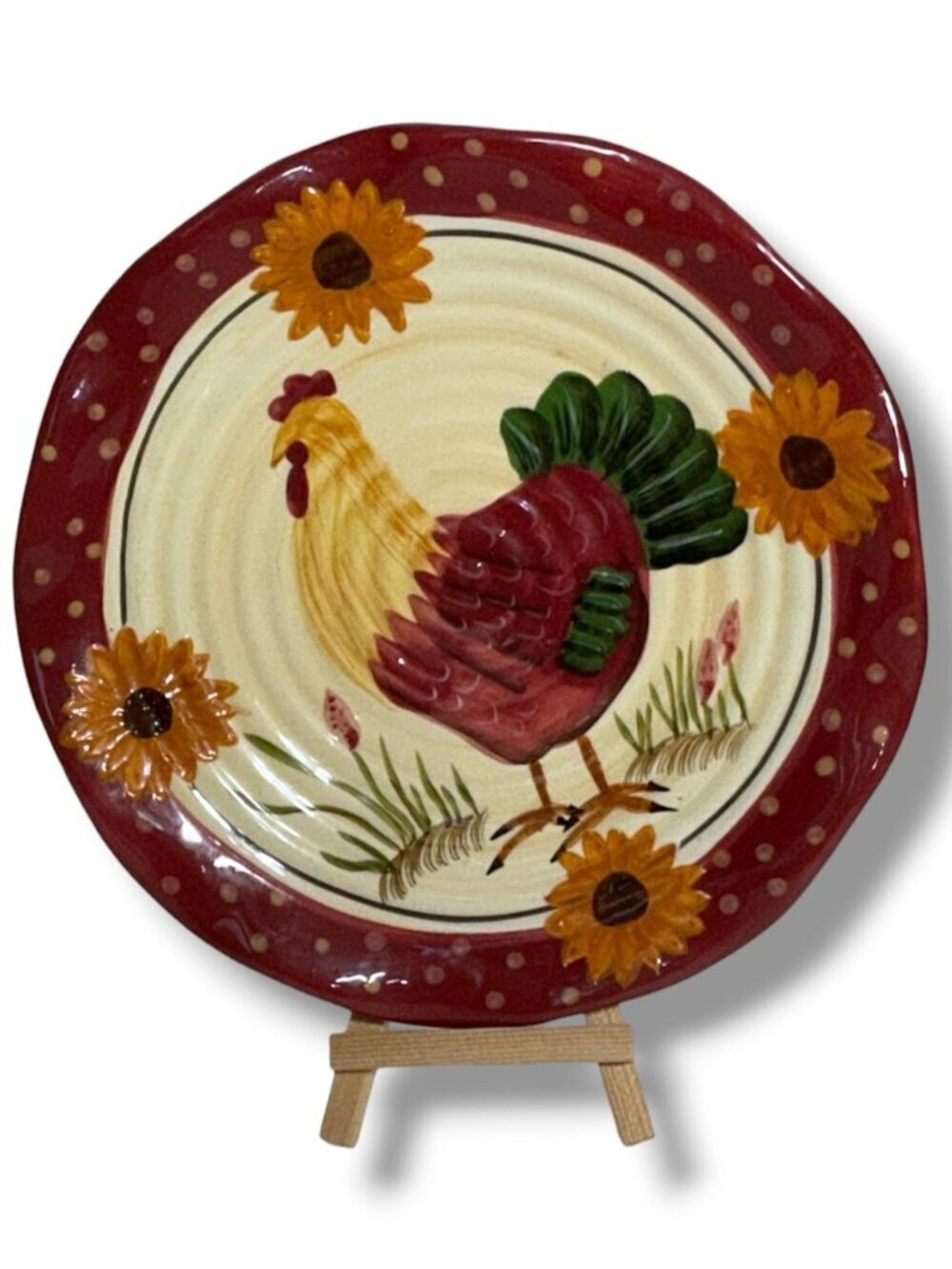 Hand Painted Rooster Sunflowers Decorative Plate Red Cream Yellow Vintage 1990